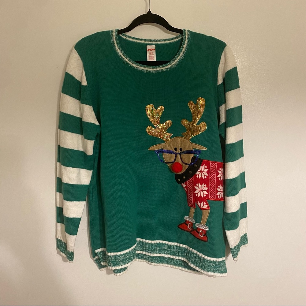 PRICE DROP Holiday Time Green and White Rudolph Sweater